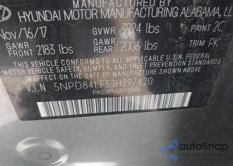 2018 Hyundai Elantra Sel z USA, uszkodzony, nr VIN 5NPD84LF5JH297420